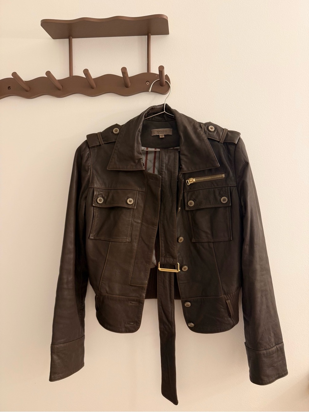 Women's Dark Brown Leather Suede Military-Style Jacket with Belt